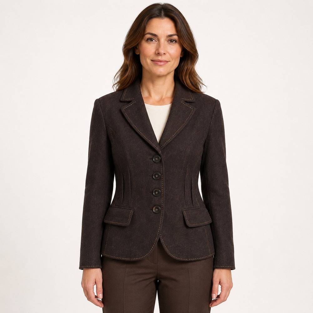 Yorn Women's EU 42 Brown Wool Blend Blazer Contrast Stitch 4 Button